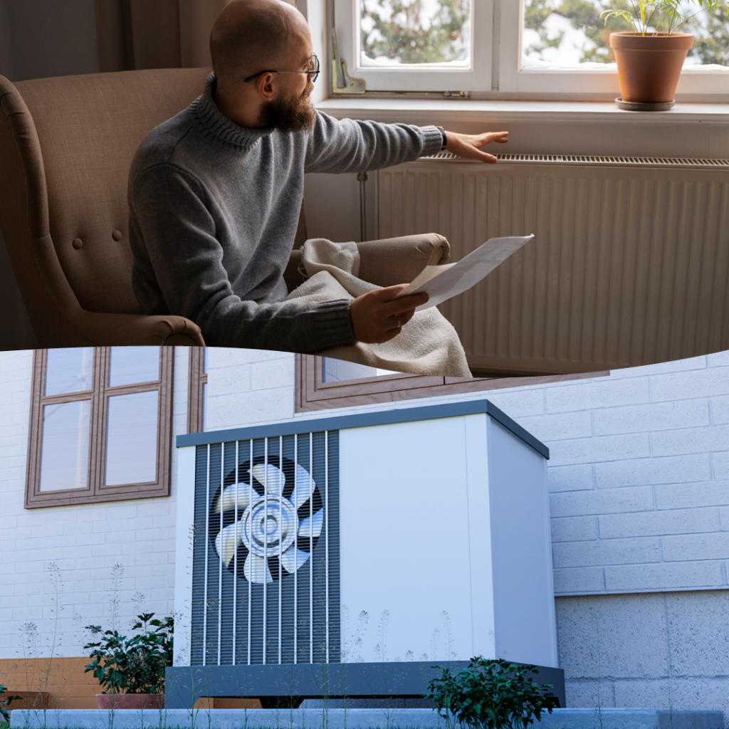 Man sitting beside radiator above image of heat pump system attached to exterior of building.